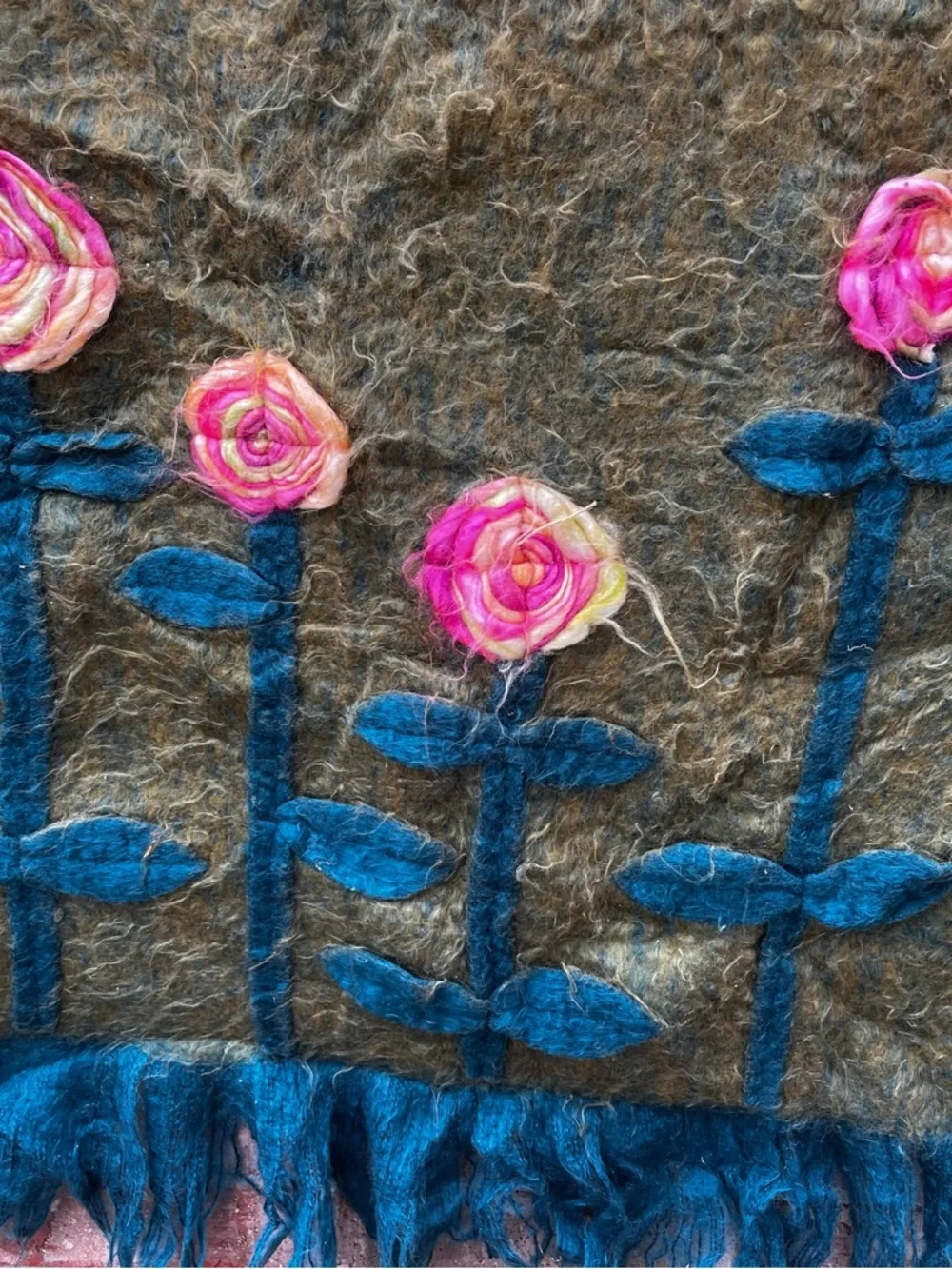Vintage Handfelted Rose Throw in Olive Green and Teal